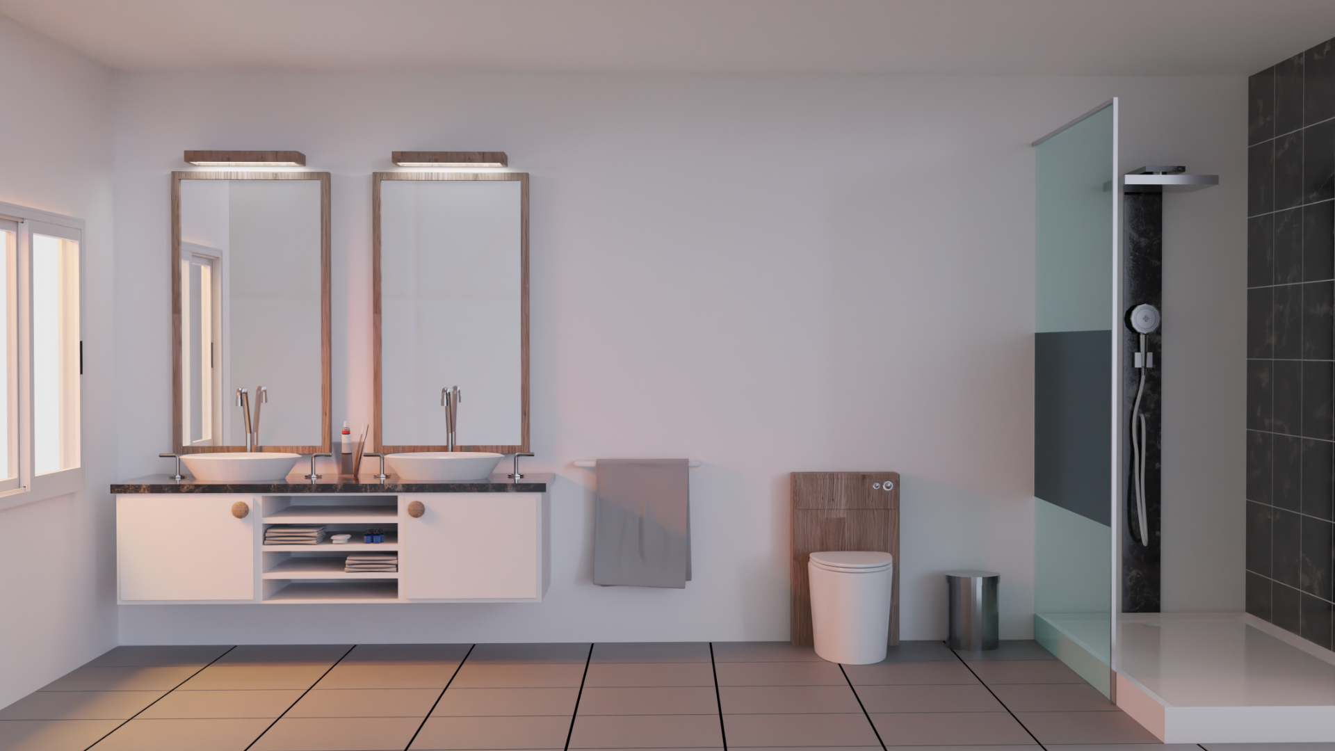 Rendu 3D d'une salle de bain simple et sobre, carrelage gris, mur blanc, douche italienne